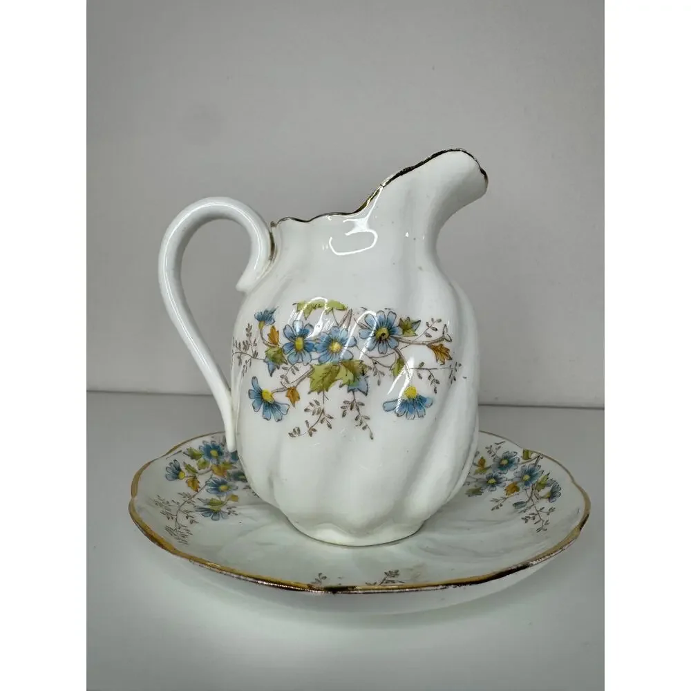 Antique Thomas Morris Niobe Creamer & Underplate Blue Floral Made in England